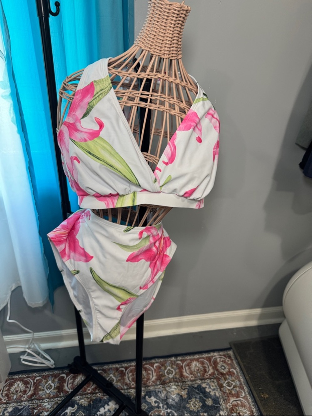 SHEIN White Floral Pink & Green High-Waist Bikini Set